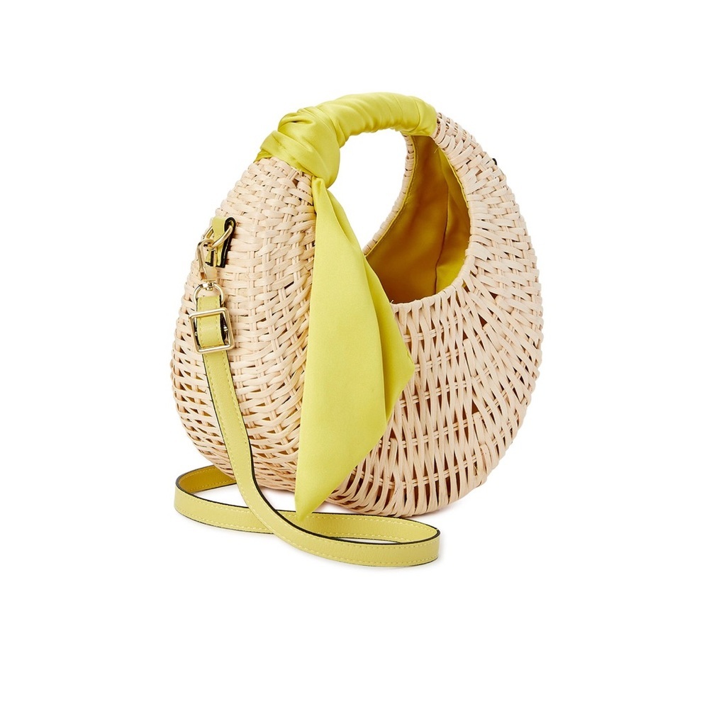 Woven straw Top handle crescent shape crossbody bag silk look citron scarf new - Picture 4 of 13